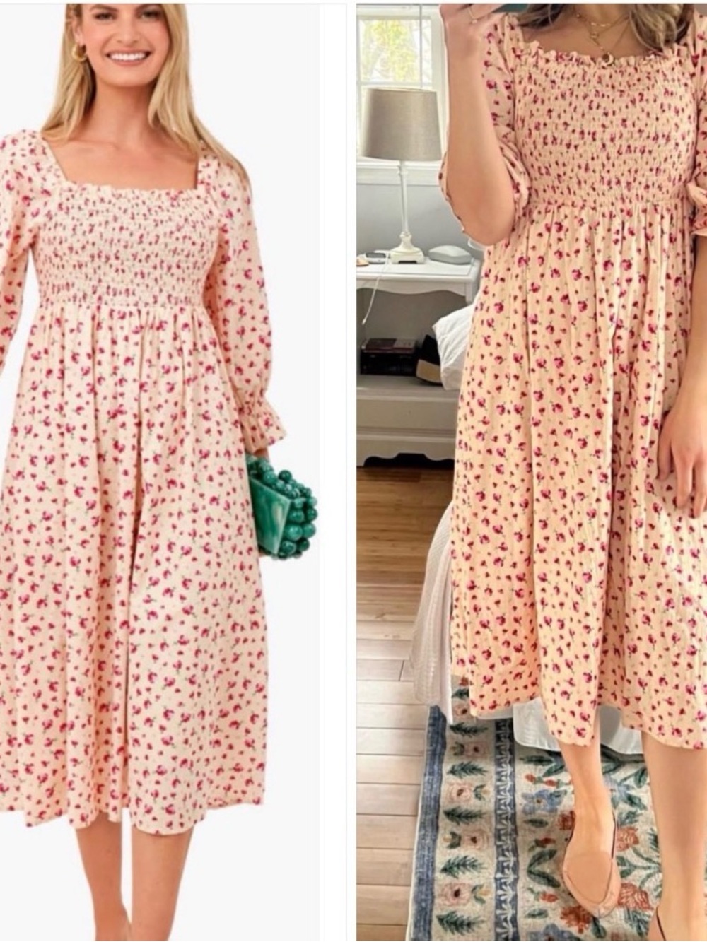 Smocked Square-Neck Midi Dress in Cream with Pink Floral Print